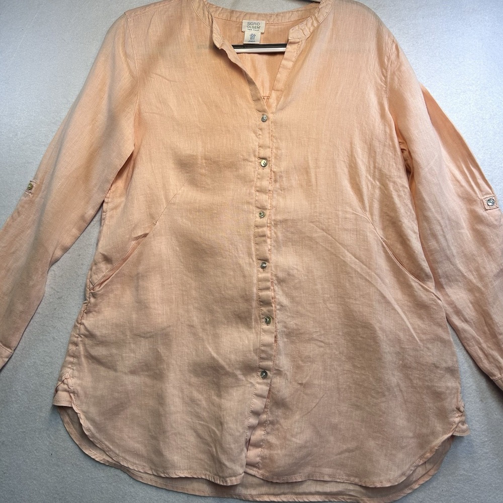 Singrid Olsen 100% Linen Blouse Peach Long Sleeve Button S